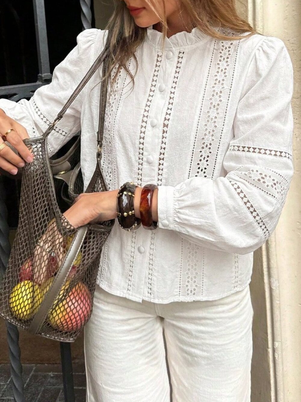 White Casual Women's Stand Collar Hollow Embroidery Long Sleeve Blouse
